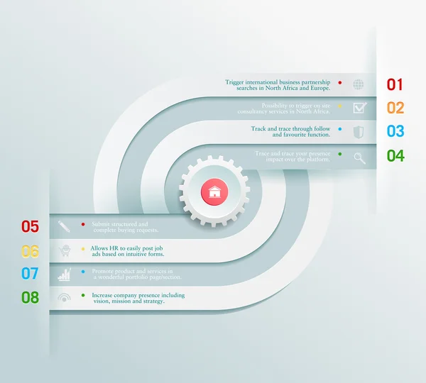 Unsur abstrak infografis dengan gigi dan ikon bisnis. Elemen berkomunikasi satu sama lain. Bersih, desain minimalis. Untuk grafik informasi, laporan, data pendaftaran, situs web — Stok Foto