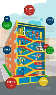 Isometric multi-storey building with stairs and office