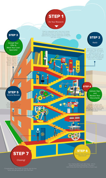 Изометрическое многоэтажное здание с лестницей и офисом
