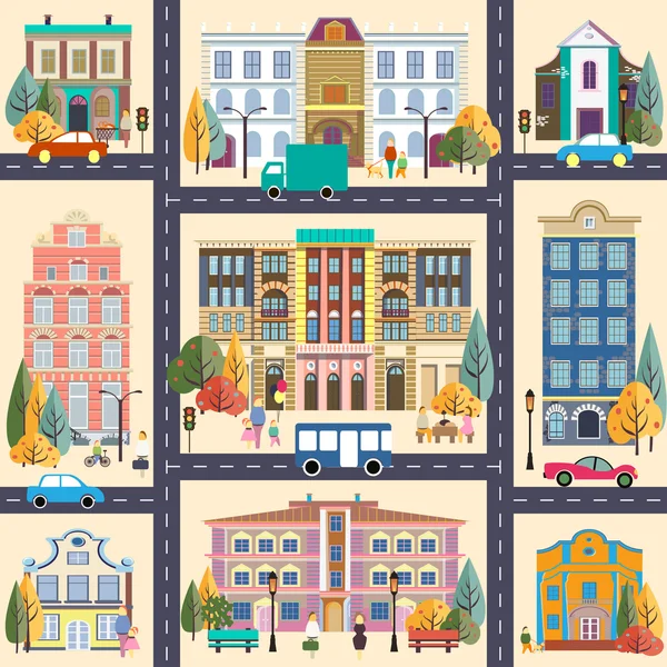 Pequeña ciudad y edificios — Vector de stock