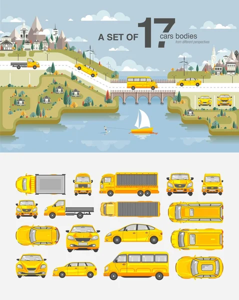 Set cars and buildings with road near sea — 스톡 벡터