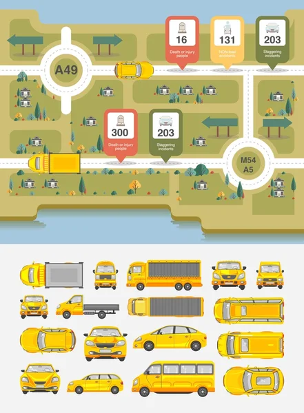Set Autos und Autobahnen Karte — Stockvektor