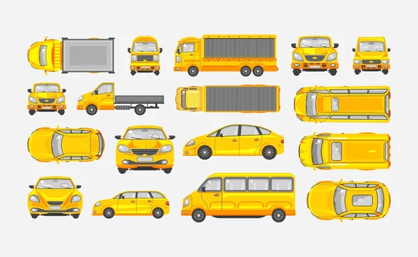 Set cars hatchback, delivery truck, light truck with trailer, minibus, sedan top, front, side view — Stock Illustration Set cars hatchback, delivery truck, light truck with trailer, minibus, sedan top, front, side view Vector Graphics