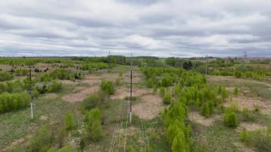 Gökyüzü bulutlu yeşil bir arazi boyunca uzanan elektrik hatlarının havadan görünüşü.