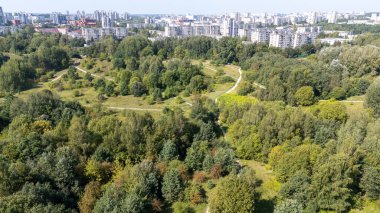 Çevresi kentsel binalarla çevrili ağaçlarla ve patikalarla çevrili yeşil bir parkın havadan görüntüsü.
