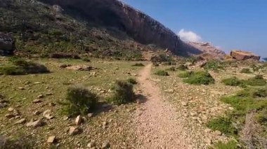 Kurak yeşil vadiden geçerek mavi gökyüzünün altındaki dik dağ uçurumlarına kadar uzanan kayalık toprak yol, uzak vahşi doğa yürüyüşleri ve macera seyahatleri için. Sokotra, Yemen.