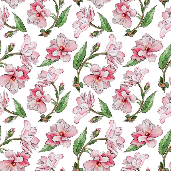 Wzór szwów z wiosną japoński sakura z różowymi kwiatami na białym tle. Ręcznie rysowane kwiaty wiśni Ilustracja kwiatowa. — Zdjęcie stockowe