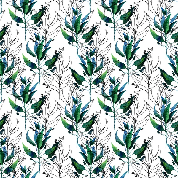 Patrón sin costuras con hojas de acuarela estilizadas. Patrón floral sin fin lleno de hojas verdes y azules. Ilustración dibujada a mano en acuarela sobre fondo blanco. Ideal para papel pintado, impresión textil . — Foto de Stock