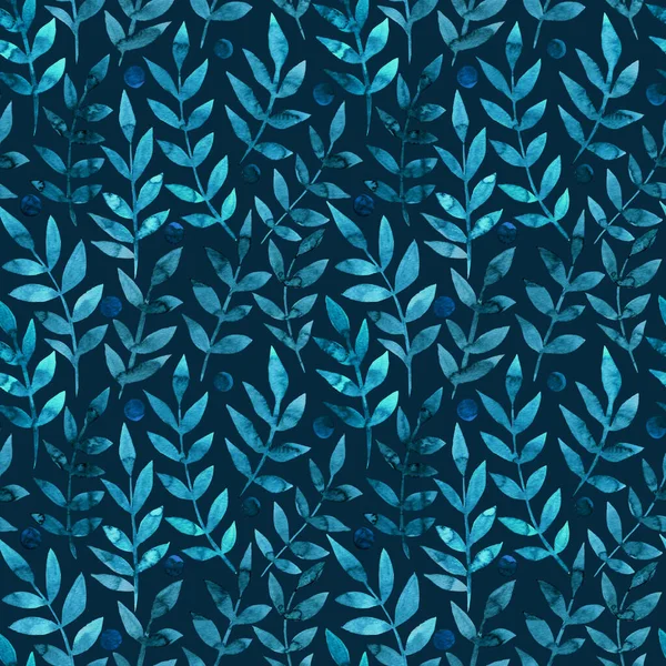 Kusursuz desenli, stilize yapraklı. Mavi yapraklarla dolu uçsuz bucaksız bir desen. Taze klasik mavi arkaplan, duvar kağıdı, tekstil baskısı. Suluboya el çizimi illüstrasyonuName 