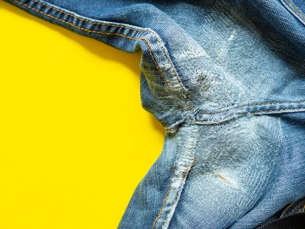 Blue Jeans Have Been Repaired Gusset Placed Yellow Background — Stock Photo, Image