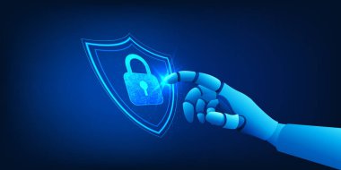 Sayısal Kilide Dokunan Robotik El ile Siber Güvenlik Yapay Zeka Koruması, Güvenli Veri Sistemi, Hacklemeyi, Malware Saldırı Kalkanı, Akıllı Güvenlik Ağı ve Güvenli Bilgi Altyapısı