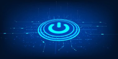 Bağlı Devre Ağı ile Dijital Güç Düğmesi Anahtarı, Yenilik Sistemi, Akıllı Teknoloji Etkinleştirme, Siber Arayüz Kontrolü, Veri Bağlantısı, Modern Teknoloji Arkaplanı