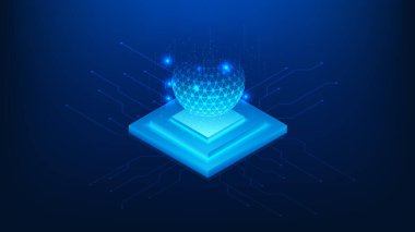 Merkezi İşlem Küresi, Kuantum Bilgisayar Veri Analizi, Fütürist Dijital Çekirdek, Gelişmiş Teknoloji Devre Merkezi, Yenilik Bilimi ve Yüksek Teknoloji Sistemi ile Kuantum Teknolojisi Konsepti