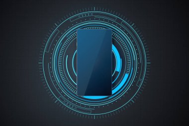 Parlak HUD daire arkaplanlı cep telefonu, 3D görüntüleme. Bilgisayar dijital çizimi.
