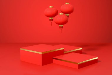 Kırmızı yaratıcı sunum aşaması, 3D görüntüleme. Bilgisayar dijital çizimi.