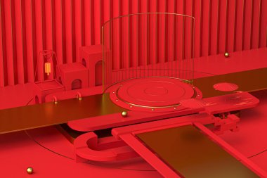 Kırmızı yaratıcı sunum aşaması, 3D görüntüleme. Bilgisayar dijital çizimi.