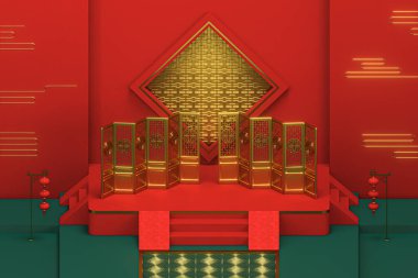 Çin dekoratif geçmişi, refah unsurları, 3 boyutlu görüntüleme. Bilgisayar dijital çizimi.