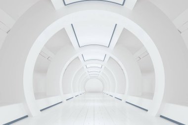 Beyaz bilim kurgu tüneli, boş yuvarlak oda, üç boyutlu görüntü. Bilgisayar dijital çizimi.