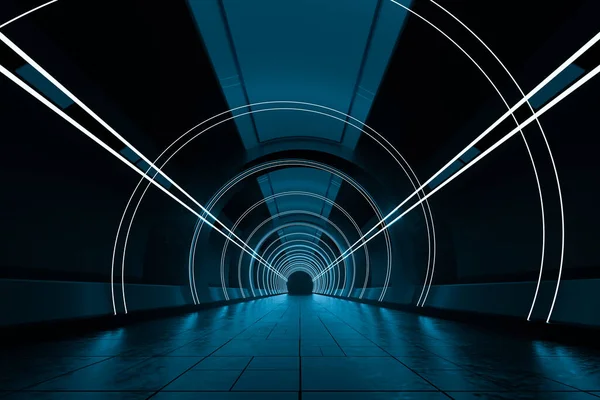Tumma Pyöreä Tunneli Hehkuva Neon Valot Renderöinti Tietokoneen Digitaalinen Piirustus — kuvapankkivalokuva