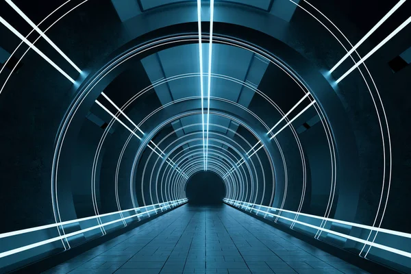 Tumma Pyöreä Tunneli Hehkuva Neon Valot Renderöinti Tietokoneen Digitaalinen Piirustus — kuvapankkivalokuva