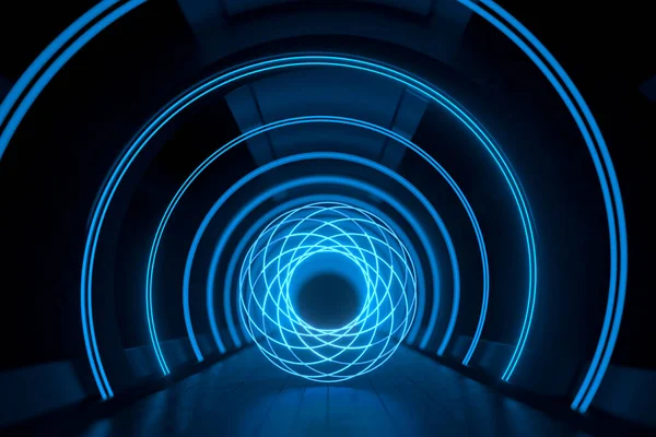 Mørk Rund Tunnel Med Glødende Neonlys Rendering Datategning – stockfoto