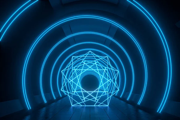 Sötét Kerek Alagút Világító Neon Fényekkel Renderelés Számítógépes Digitális Rajz — Stock Fotó