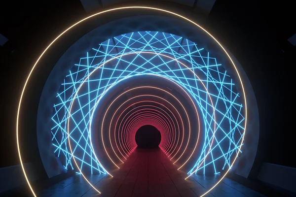 Túnel Redondo Escuro Com Luzes Néon Brilhantes Renderização Desenho Digital — Fotografia de Stock