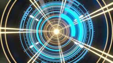 Parlak HUD elementleri olan karanlık tünel, 3 boyutlu görüntüleme.