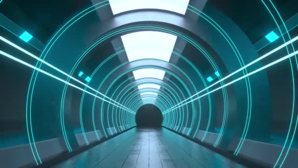 Dunkler runder Tunnel mit leuchtenden Neonlichtern, 3D-Rendering. — Stockvideo