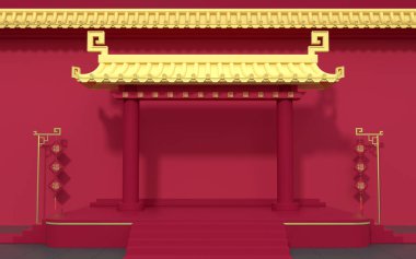 Çin sarayı duvarları, kırmızı duvarlar ve altın fayanslar, 3D döşeme. Çevirisi: Kutsama. Bilgisayar dijital çizimi.