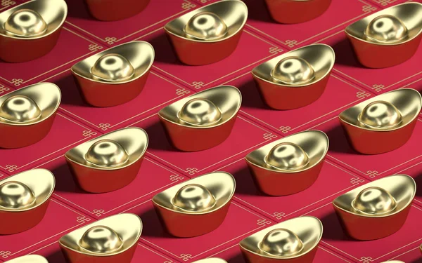 Lingote Oro Chino Con Fondo Rojo Representación Dibujo Digital Informático —  Fotos de Stock