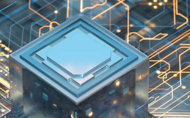 Devre kartı, elektronik siber uzay arka planı, 3D görüntüleme. Bilgisayar dijital çizimi.