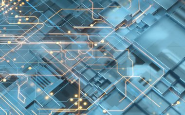 Devre kartı, elektronik siber uzay arka planı, 3D görüntüleme. Bilgisayar dijital çizimi.