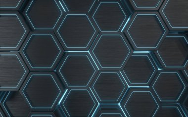 Altıgen geometrik arkaplan, teknoloji konsepti, 3D görüntüleme. Bilgisayar dijital çizimi.