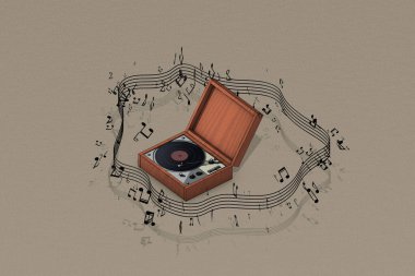 Retro tarzı plak çalar, müzik albümü, raster illüstrasyonu. Bilgisayar dijital çizimi.