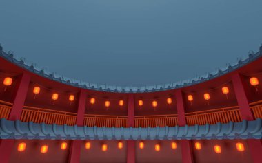 Antik yuvarlak ev, Çin klasik yuvarlak evi, 3 boyutlu tasarım. Bilgisayar dijital çizimi.