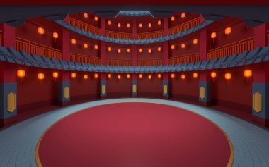 Antik yuvarlak ev, Çin klasik yuvarlak evi, 3 boyutlu tasarım. Bilgisayar dijital çizimi.