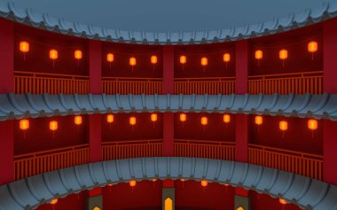 Antik yuvarlak ev, Çin klasik yuvarlak evi, 3 boyutlu tasarım. Bilgisayar dijital çizimi.