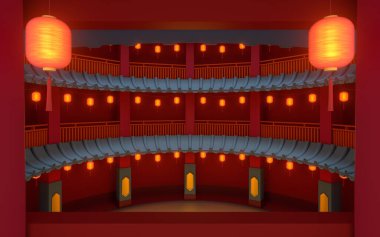 Antik yuvarlak ev, Çin klasik yuvarlak evi, 3 boyutlu tasarım. Bilgisayar dijital çizimi.