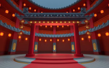 Antik yuvarlak evde yuvarlak bir sahne, Çin klasik yuvarlak evi, 3 boyutlu tasarım. Çevirisi: Kutsama. Bilgisayar dijital çizimi.