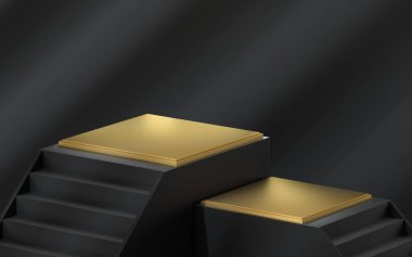 Duvarında gölgesi olan boş bir ürün platformu. Bilgisayar dijital çizimi.