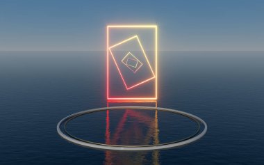 Su yüzeyinde yüzen yuvarlak platform, 3 boyutlu görüntüleme. Bilgisayar dijital çizimi.