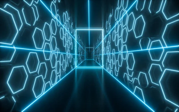Mörk Tunnel Med Glödande Neonlinjer Återgivning Digitalritning — Stockfoto