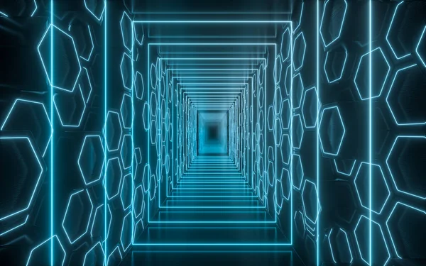 Túnel Escuro Com Linhas Néon Brilhante Renderização Desenho Digital Computador — Fotografia de Stock