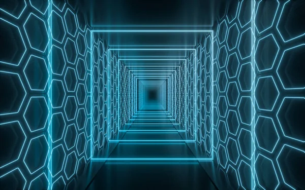 黑暗隧道有发光的霓虹灯线 3D渲染 计算机数字绘图 — 图库照片