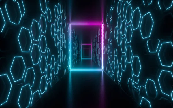 Temný Tunel Zářícími Neonovými Liniemi Vykreslování Digitální Kresba Počítače — Stock fotografie