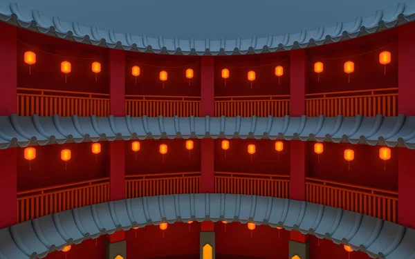 Antik yuvarlak ev, Çin klasik yuvarlak evi, 3 boyutlu tasarım. Bilgisayar dijital çizimi.