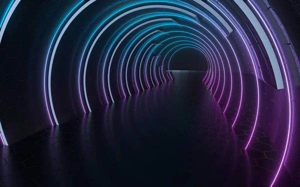 Mörk Tunnel Med Neonglödande Linjer Återgivning Digitalritning — Stockfoto