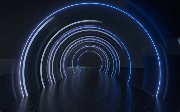 Тёмный Туннель Неоновыми Светящимися Линиями Рендеринг Цифровой Рисунок — стоковое фото