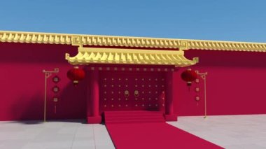 Chinese palace walls, red walls and golden tiles, 3d rendering.Translation: 'blessing'.